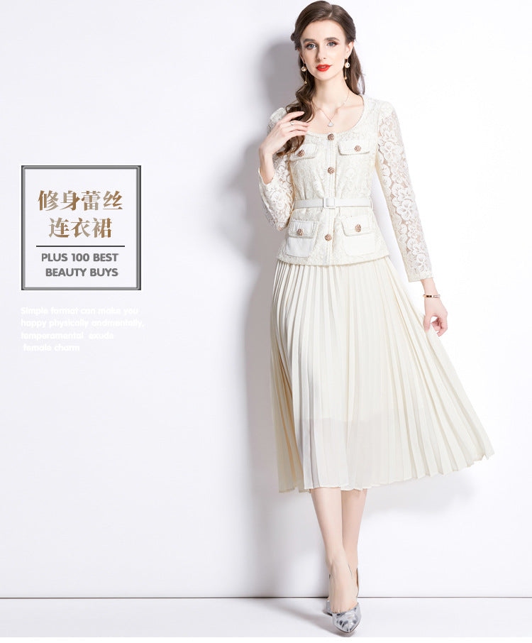 Bella Lace Patchwork Pleated Midi Dress  Patchwork Mid-Length Pleated Dress - Seldom Seen Styles