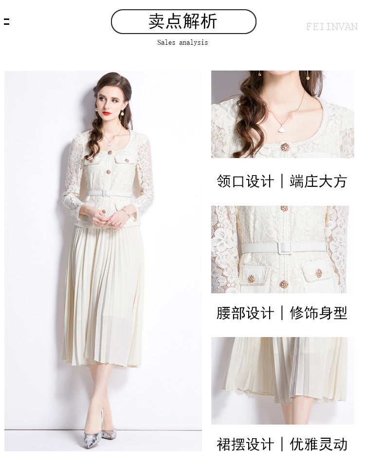 Bella Lace Patchwork Pleated Midi Dress  Patchwork Mid-Length Pleated Dress - Seldom Seen Styles