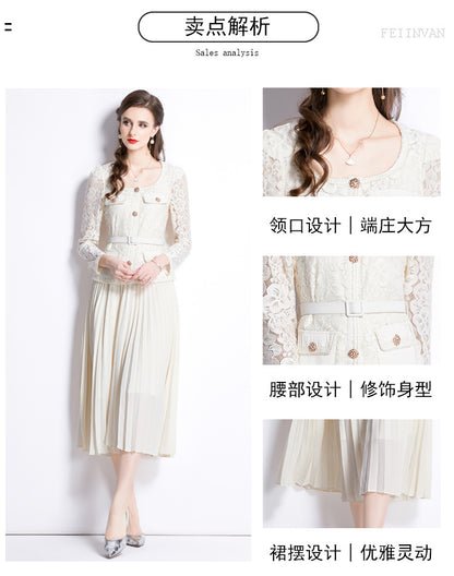 Bella Lace Patchwork Pleated Midi Dress  Patchwork Mid-Length Pleated Dress - Seldom Seen Styles