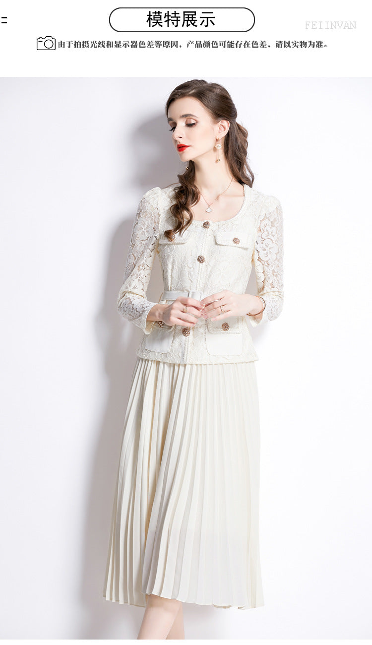 Bella Lace Patchwork Pleated Midi Dress  Patchwork Mid-Length Pleated Dress - Seldom Seen Styles