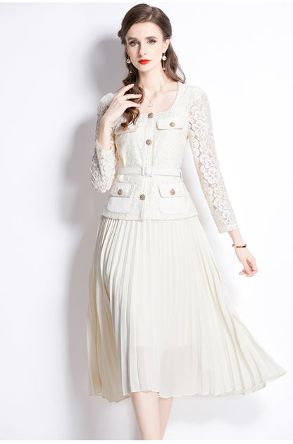 Bella Lace Patchwork Pleated Midi Dress  Patchwork Mid-Length Pleated Dress - Seldom Seen Styles