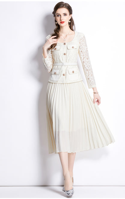 Bella Lace Patchwork Pleated Midi Dress  Patchwork Mid-Length Pleated Dress - Seldom Seen Styles