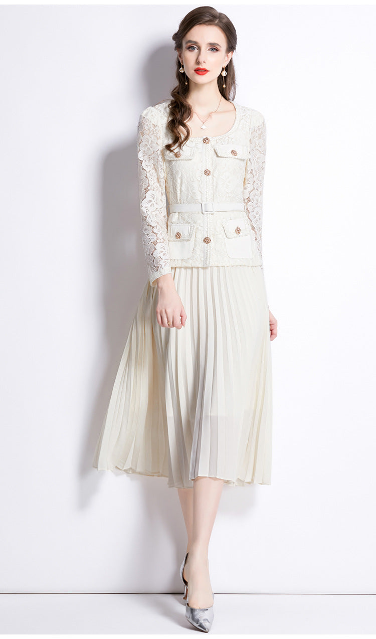 Bella Lace Patchwork Pleated Midi Dress  Patchwork Mid-Length Pleated Dress - Seldom Seen Styles