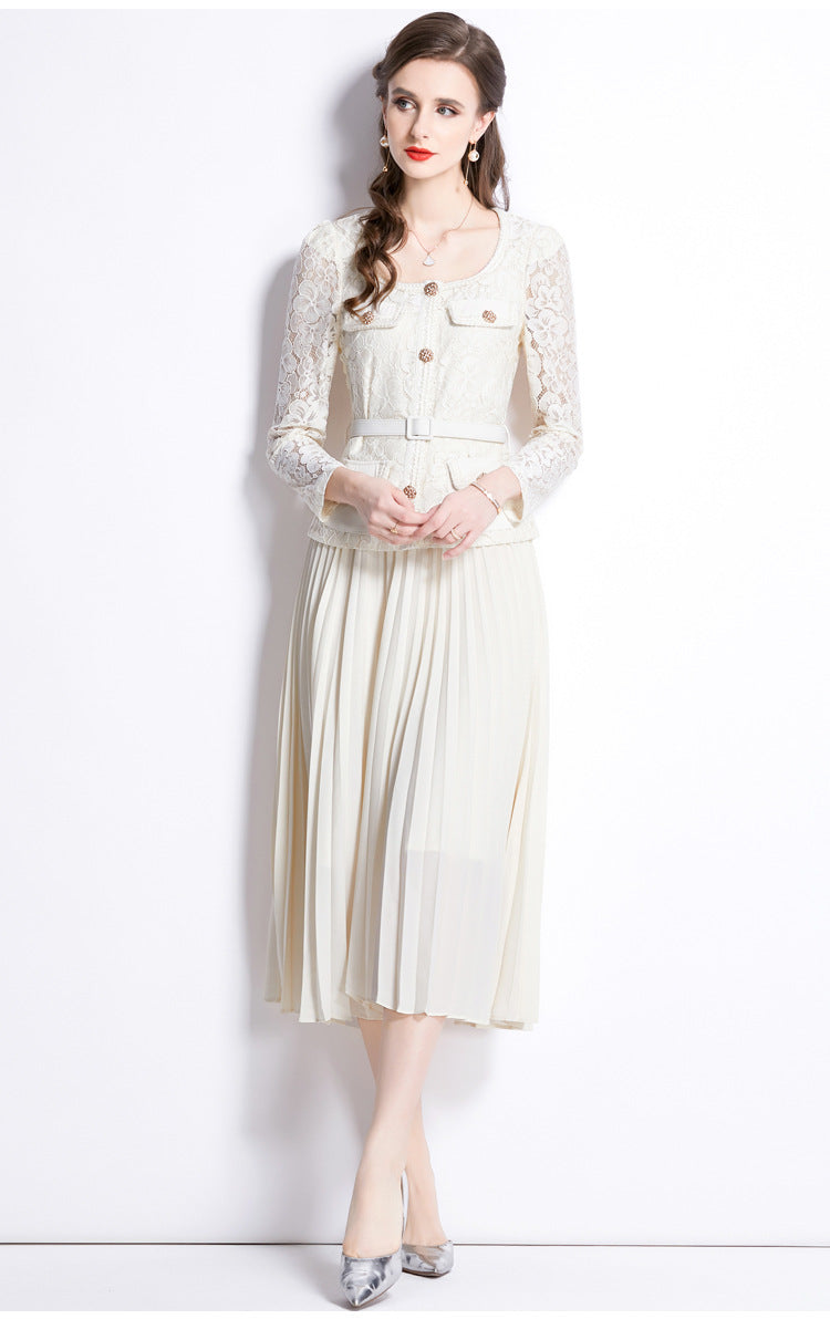 Bella Lace Patchwork Pleated Midi Dress  Patchwork Mid-Length Pleated Dress - Seldom Seen Styles