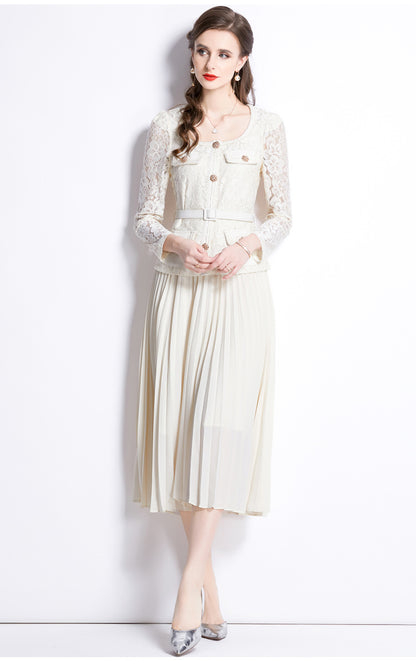 Bella Lace Patchwork Pleated Midi Dress  Patchwork Mid-Length Pleated Dress - Seldom Seen Styles