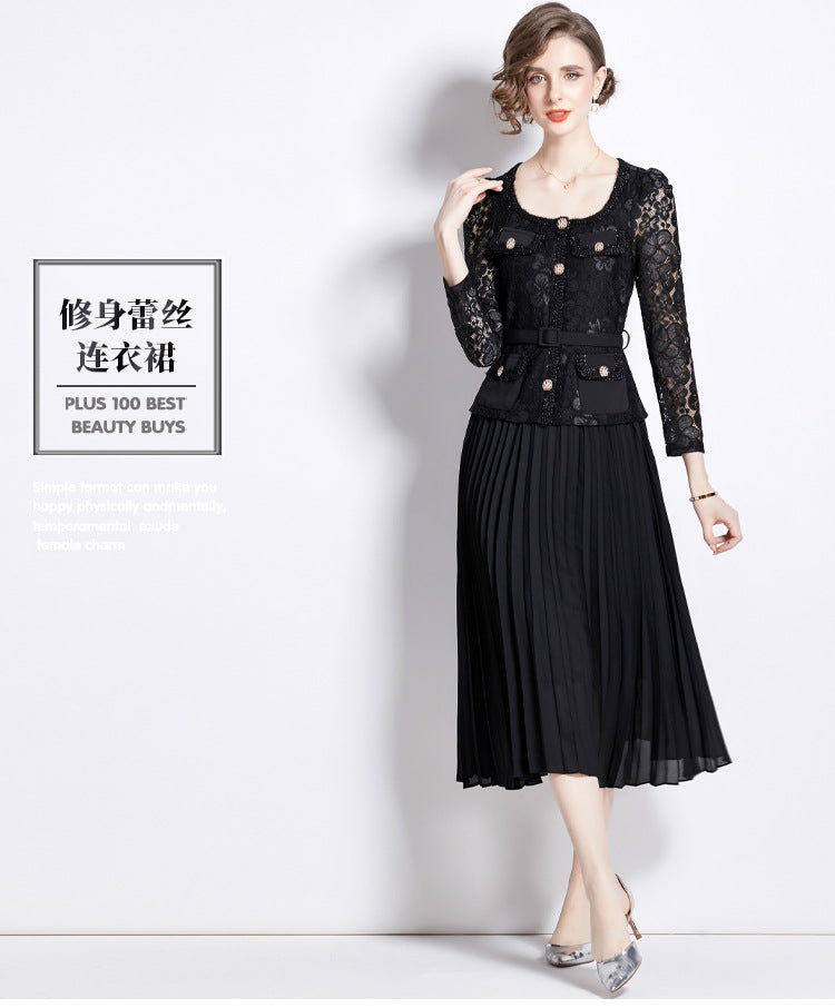 Bella Lace Patchwork Pleated Midi Dress  Patchwork Mid-Length Pleated Dress - Seldom Seen Styles