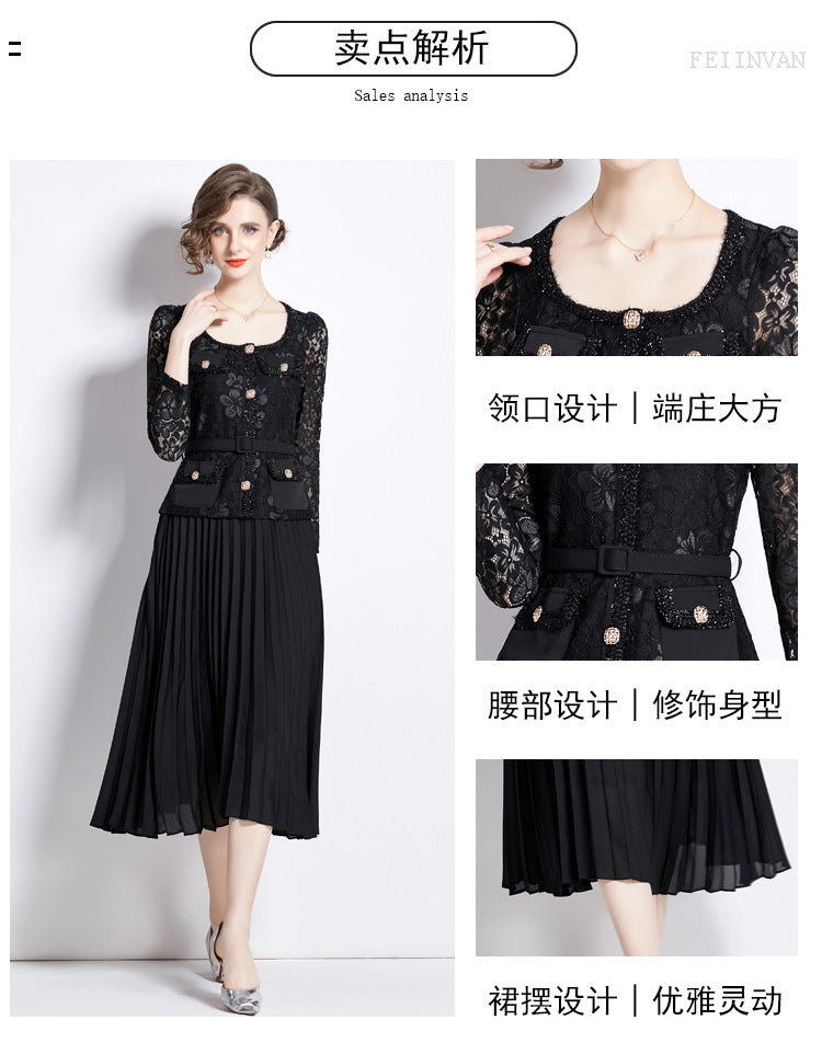 Bella Lace Patchwork Pleated Midi Dress  Patchwork Mid-Length Pleated Dress - Seldom Seen Styles