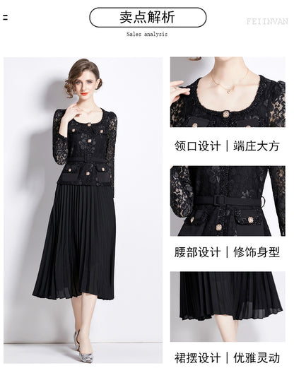 Bella Lace Patchwork Pleated Midi Dress  Patchwork Mid-Length Pleated Dress - Seldom Seen Styles