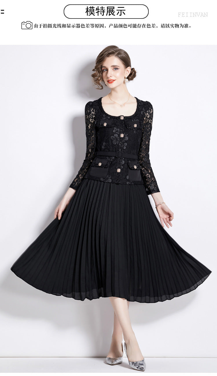 Bella Lace Patchwork Pleated Midi Dress  Patchwork Mid-Length Pleated Dress - Seldom Seen Styles