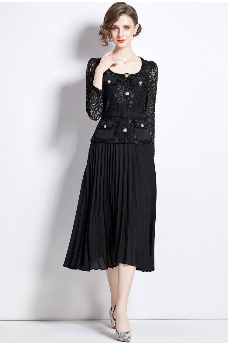 Bella Lace Patchwork Pleated Midi Dress  Patchwork Mid-Length Pleated Dress - Seldom Seen Styles