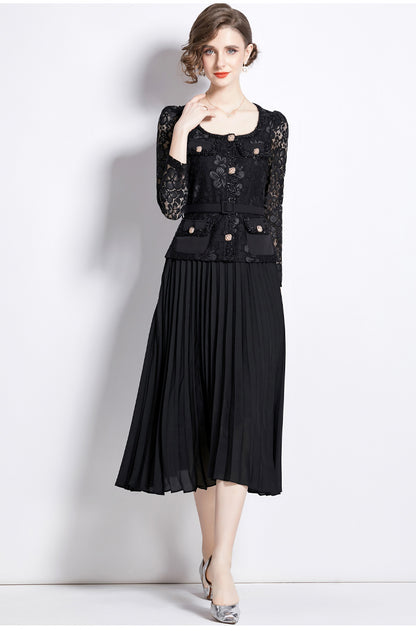 Bella Lace Patchwork Pleated Midi Dress  Patchwork Mid-Length Pleated Dress - Seldom Seen Styles