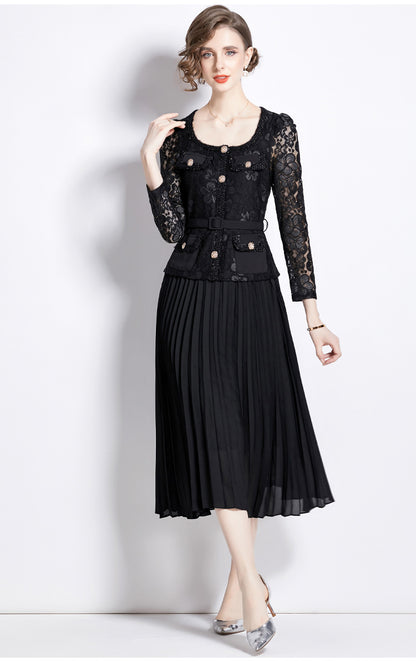 Bella Lace Patchwork Pleated Midi Dress  Patchwork Mid-Length Pleated Dress - Seldom Seen Styles