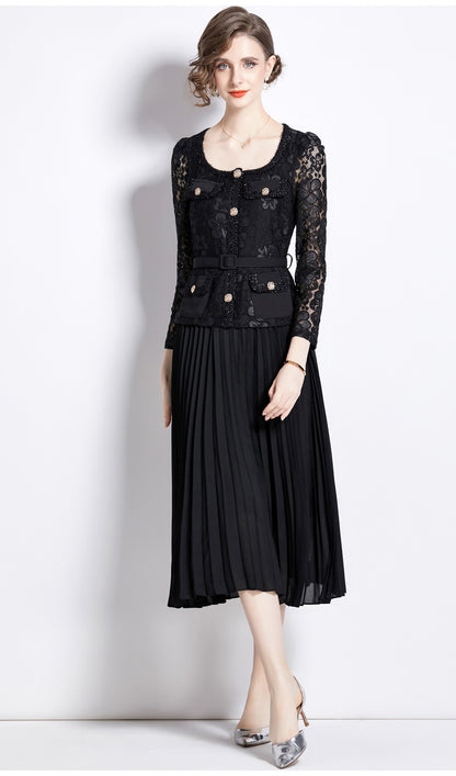 Bella Lace Patchwork Pleated Midi Dress  Patchwork Mid-Length Pleated Dress - Seldom Seen Styles