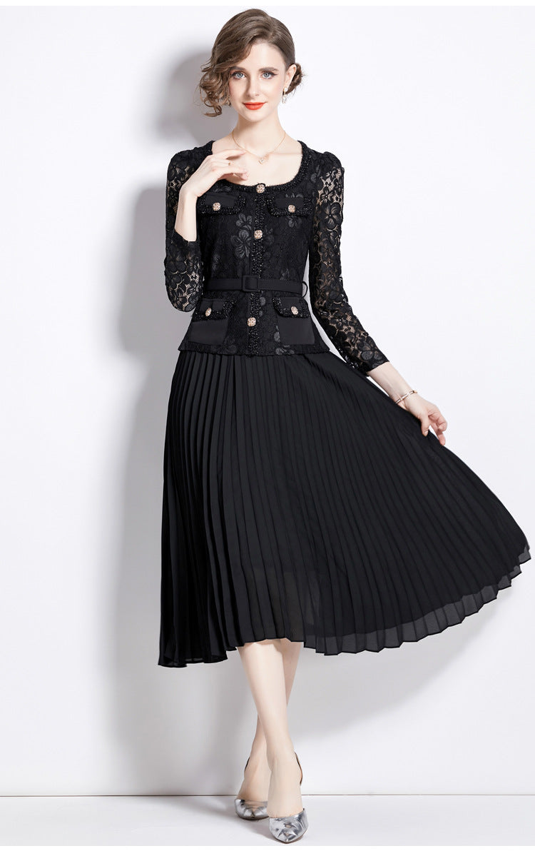 Bella Lace Patchwork Pleated Midi Dress  Patchwork Mid-Length Pleated Dress - Seldom Seen Styles