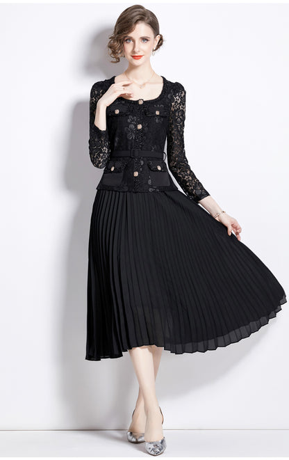 Bella Lace Patchwork Pleated Midi Dress  Patchwork Mid-Length Pleated Dress - Seldom Seen Styles