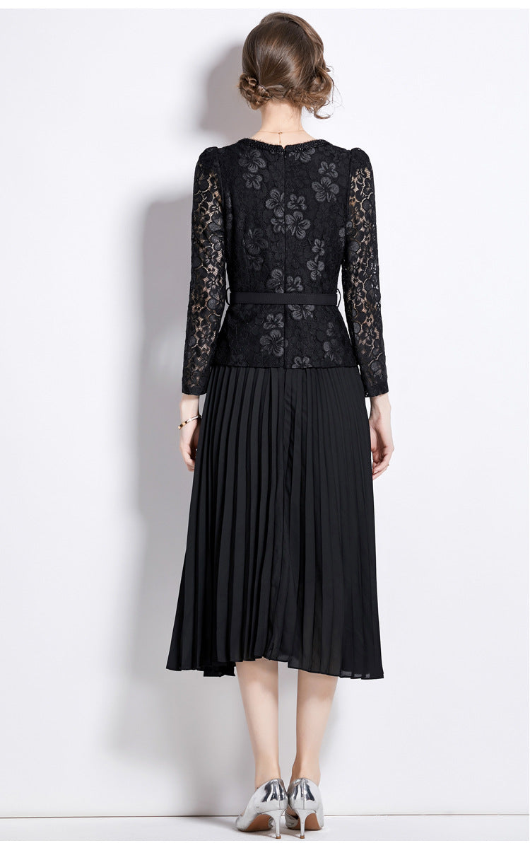 Bella Lace Patchwork Pleated Midi Dress  Patchwork Mid-Length Pleated Dress - Seldom Seen Styles