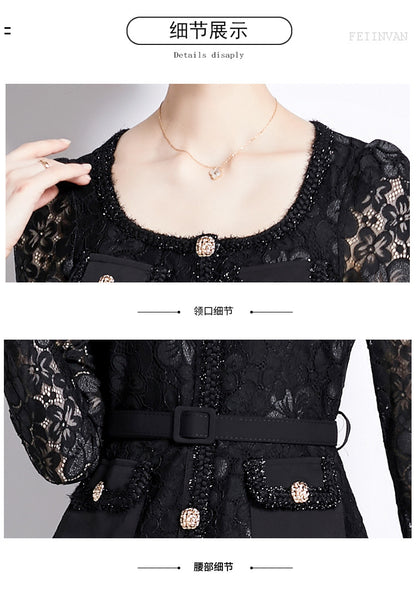 Bella Lace Patchwork Pleated Midi Dress  Patchwork Mid-Length Pleated Dress - Seldom Seen Styles