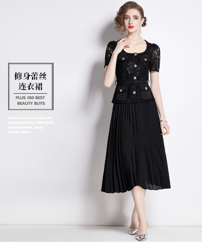 Bella Lace Patchwork Pleated Midi Dress  Patchwork Mid-Length Pleated Dress - Seldom Seen Styles