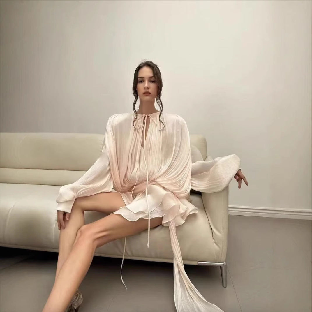 Beryl Pleated Ruffle Hem Mini Dress Puff Sleeve Ruffle Short Dress Two-Piece Set New Pleated Design Short Dress - Seldom Seen Styles