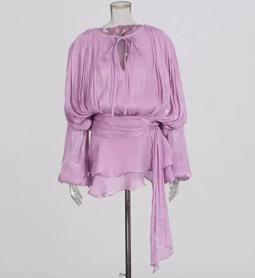 Beryl Pleated Ruffle Hem Mini Dress Puff Sleeve Ruffle Short Dress Two-Piece Set New Pleated Design Short Dress - Seldom Seen Styles