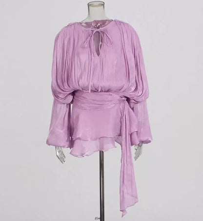 Beryl Pleated Ruffle Hem Mini Dress Puff Sleeve Ruffle Short Dress Two-Piece Set New Pleated Design Short Dress - Seldom Seen Styles