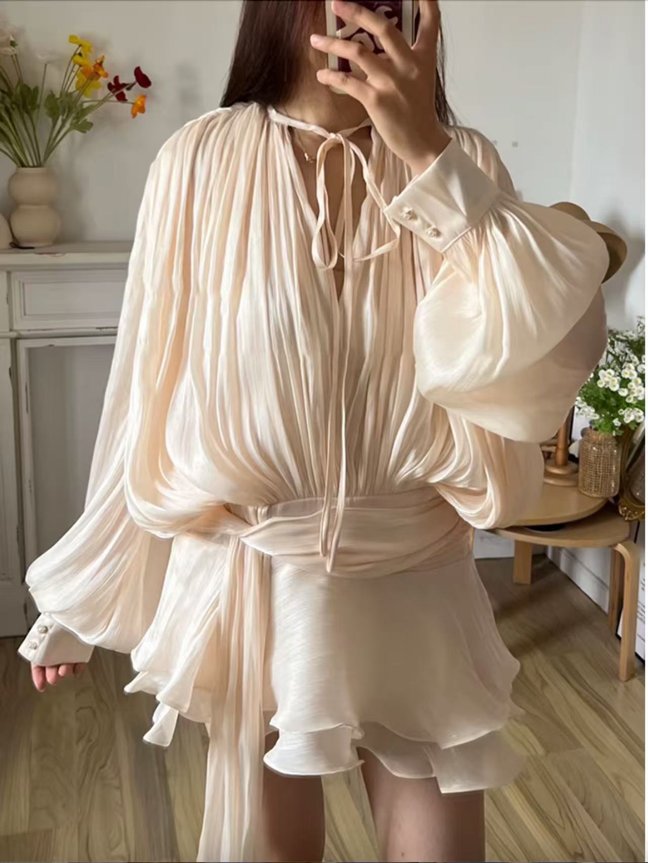 Beryl Pleated Ruffle Hem Mini Dress Puff Sleeve Ruffle Short Dress Two-Piece Set New Pleated Design Short Dress - Seldom Seen Styles