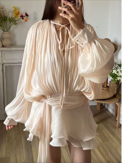 Beryl Pleated Ruffle Hem Mini Dress Puff Sleeve Ruffle Short Dress Two-Piece Set New Pleated Design Short Dress - Seldom Seen Styles