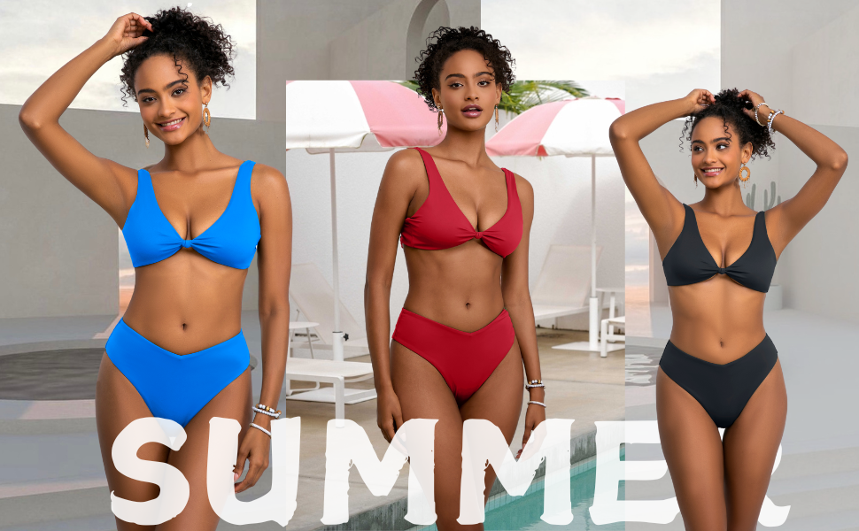 Bikini Set for Women Solid V Neck Knot Front Push Up High Leg Thong Two Piece Swimsuit - Seldom Seen Styles