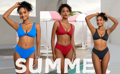Bikini Set for Women Solid V Neck Knot Front Push Up High Leg Thong Two Piece Swimsuit - Seldom Seen Styles