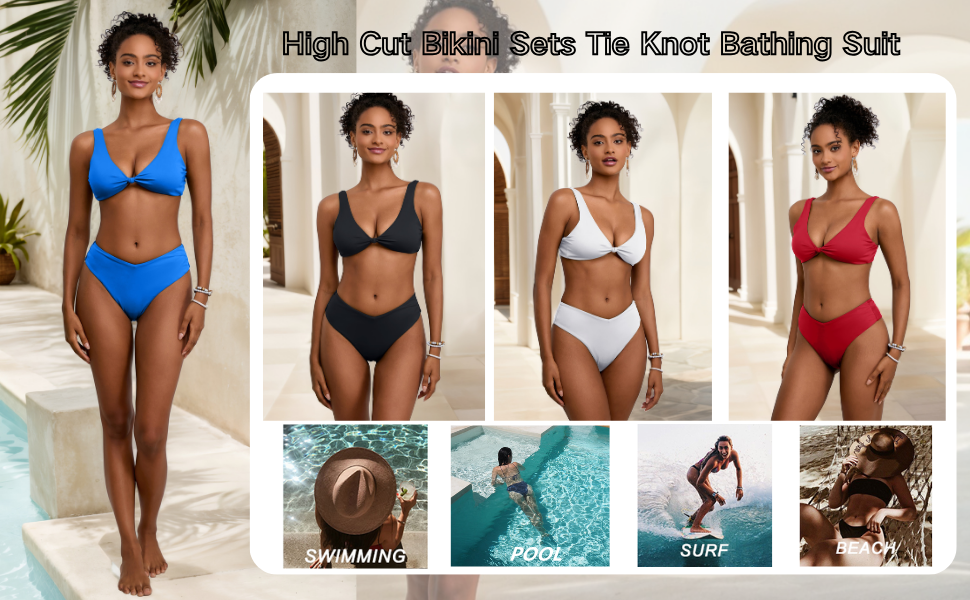 Bikini Set for Women Solid V Neck Knot Front Push Up High Leg Thong Two Piece Swimsuit - Seldom Seen Styles