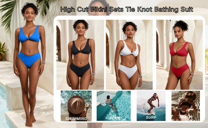 Bikini Set for Women Solid V Neck Knot Front Push Up High Leg Thong Two Piece Swimsuit - Seldom Seen Styles