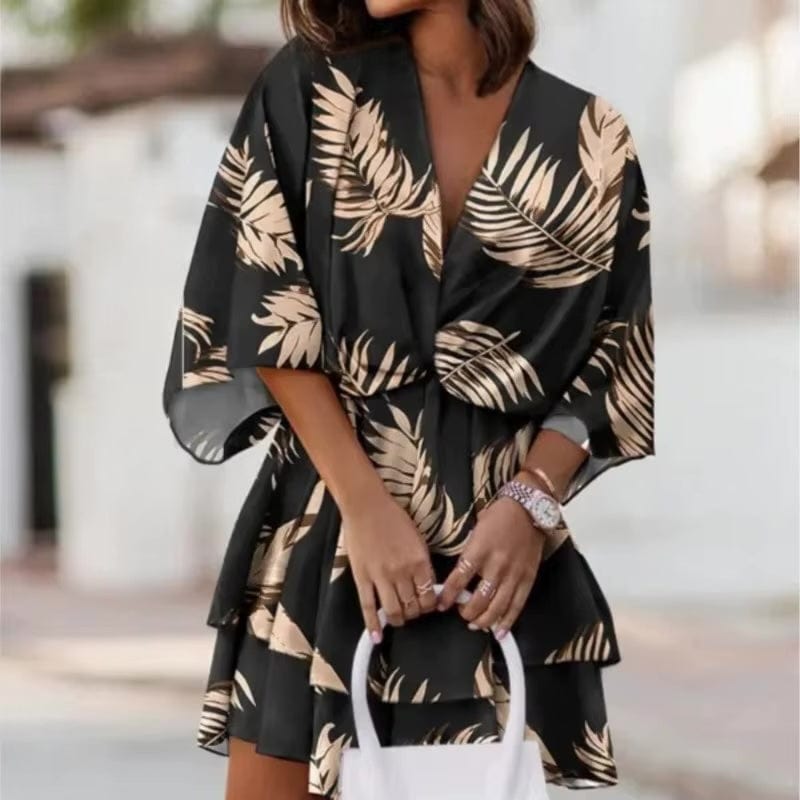 Black Floral Mini Dress with Leaf Print - Seldom Seen Styles