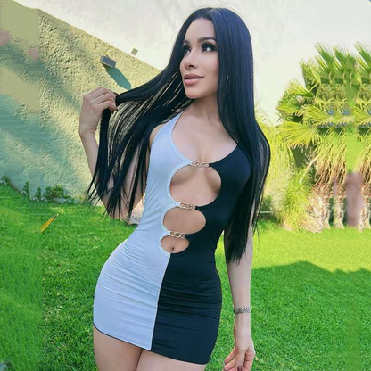 Black and white lace-up metal hollow dress - Seldom Seen Styles