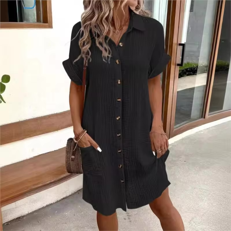 Women's Button Down Linen Shirt Dress With Pockets - Seldom Seen Styles