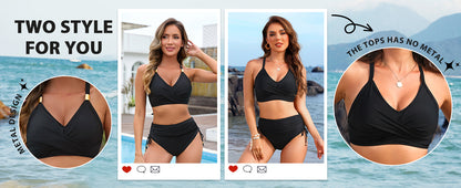 Blooming Jelly Womens High Waisted Bikini Sets Drawstring Tummy Control Swimsuits Crisscross Tie Back Bathing Suit - Seldom Seen Styles