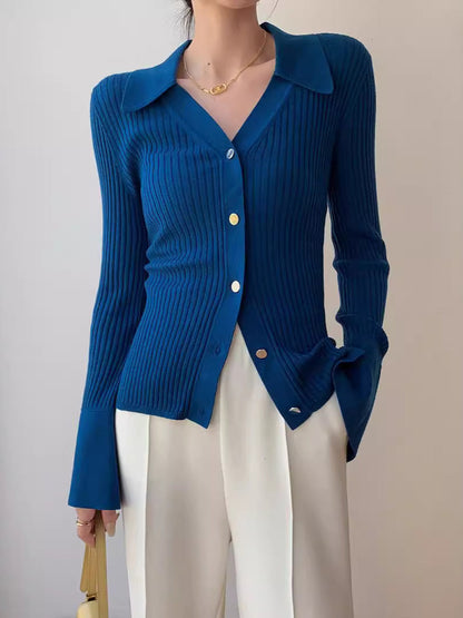 Blue  Cardigan for Women V-Neck Knitted Cardigan for Women Slim Fitting Short Knit Top - Seldom Seen Styles