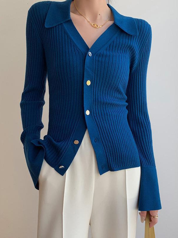 Blue  Cardigan for Women V-Neck Knitted Cardigan for Women Slim Fitting Short Knit Top - Seldom Seen Styles
