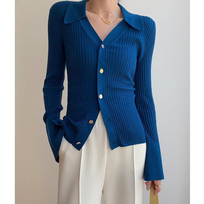 Blue  Cardigan for Women V-Neck Knitted Cardigan for Women Slim Fitting Short Knit Top - Seldom Seen Styles