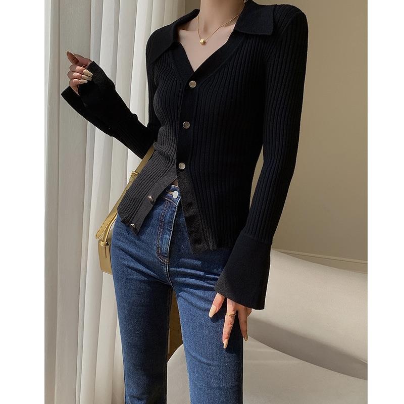 Blue  Cardigan for Women V-Neck Knitted Cardigan for Women Slim Fitting Short Knit Top - Seldom Seen Styles