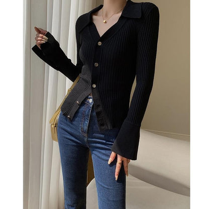 Blue  Cardigan for Women V-Neck Knitted Cardigan for Women Slim Fitting Short Knit Top - Seldom Seen Styles