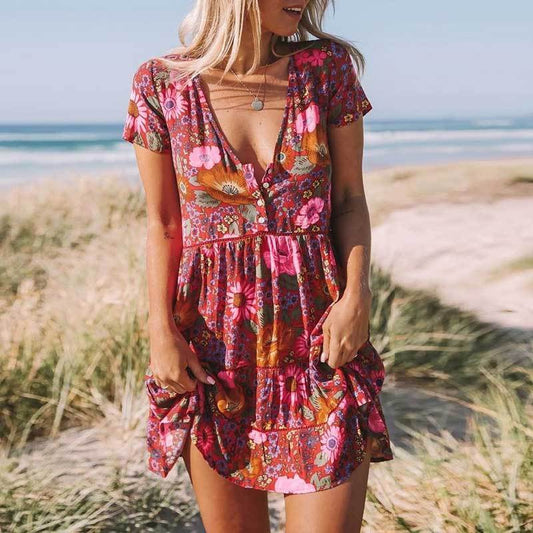 Boho Daisy Floral Print Mini Dress - Seldom Seen Styles