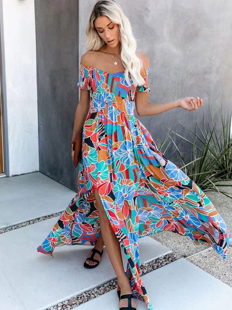 Boho Off Shoulder Colorful Floral Maxi Dress - Seldom Seen Styles