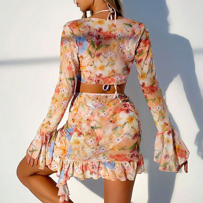 Boho Ruffle Floral Cover Up High Leg Triangle Brazilian Four Piece Bikini Swimsuit - Seldom Seen Styles