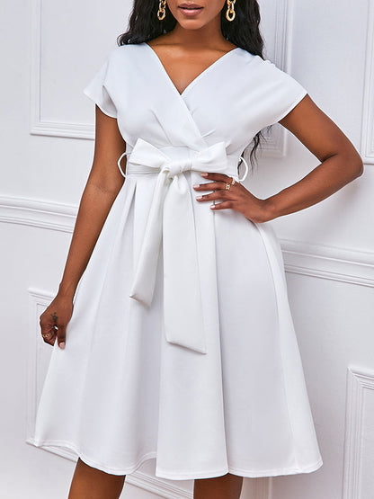 Bowknot Lace-Up Solid Color V-Neck Midi Dresses - Seldom Seen Styles