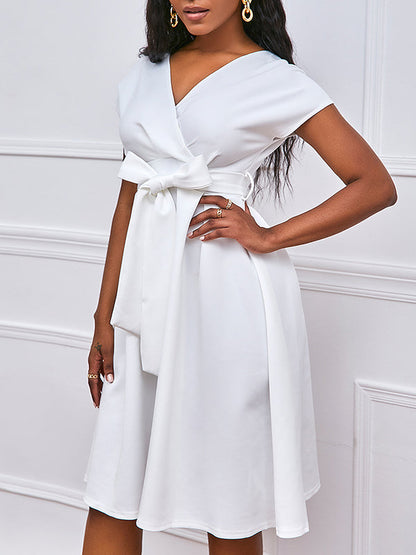 Bowknot Lace-Up Solid Color V-Neck Midi Dresses - Seldom Seen Styles