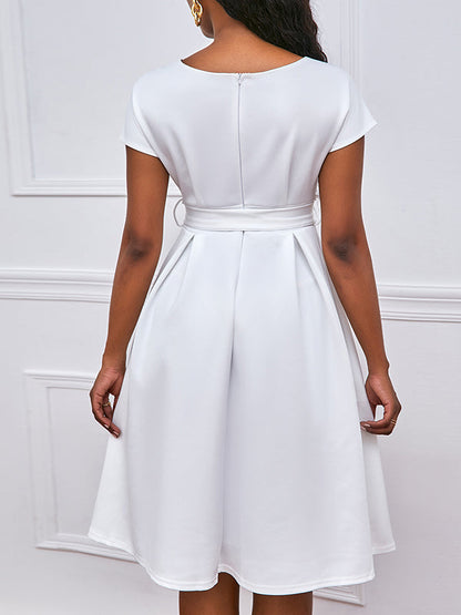 Bowknot Lace-Up Solid Color V-Neck Midi Dresses - Seldom Seen Styles