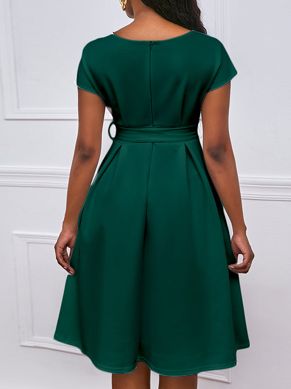 Bowknot Lace-Up Solid Color V-Neck Midi Dresses - Seldom Seen Styles