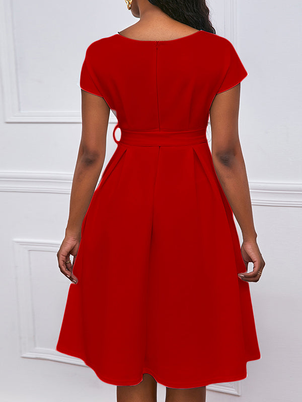 Bowknot Lace-Up Solid Color V-Neck Midi Dresses - Seldom Seen Styles