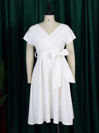 Bowknot Lace-Up Solid Color V-Neck Midi Dresses - Seldom Seen Styles