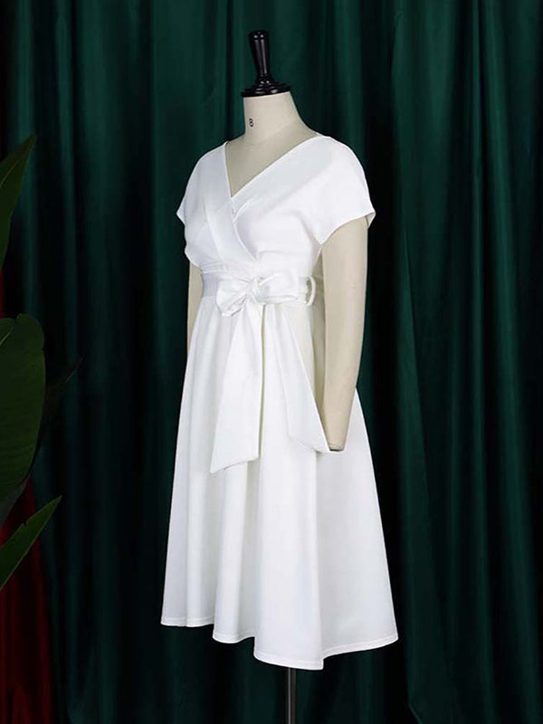 Bowknot Lace-Up Solid Color V-Neck Midi Dresses - Seldom Seen Styles